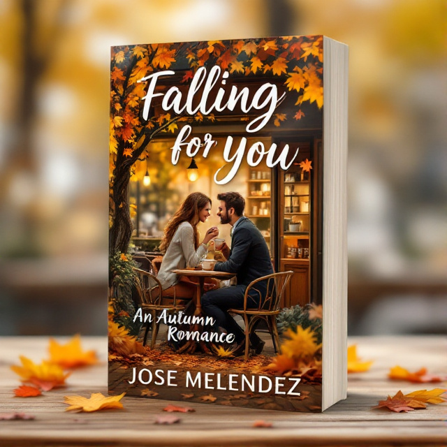 The cover features a cozy coffee shop scene with a couple sitting at a table, surrounded by autumn leaves. The warm brown color scheme reflects the autumn season and creates a cozy atmosphere.