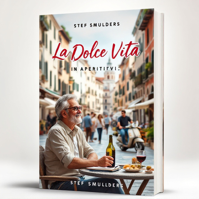 A friendly middle-aged man sitting at a table in a bustling historical Italian city square, enjoying aperitivo. The table features a bottle and glass of red wine, olives, nuts, and a notebook and pen. An Italian couple engages in conversation in front of him, while a young guy approaches on a Vespa in the background. Classic Italian architecture and outdoor cafes complete the vibrant scene.
