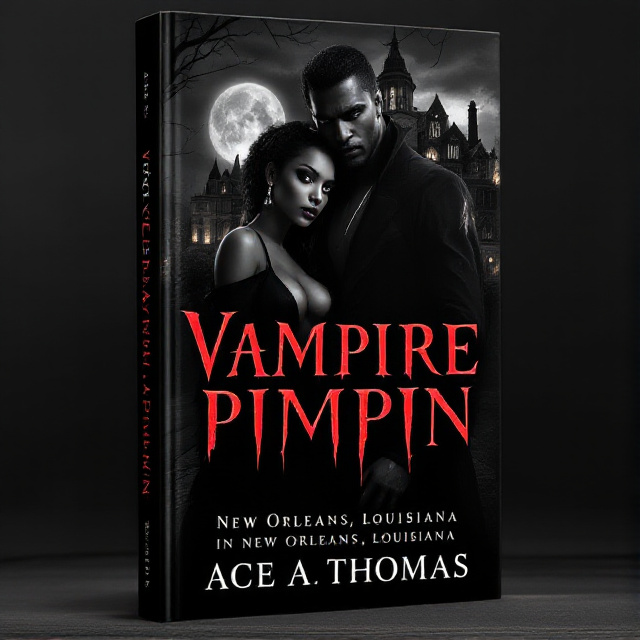 The cover features a black vampire and a black woman standing side by side, with the vampire slightly behind the woman. The woman has a seductive and mysterious expression, while the vampire has a brooding and menacing look. The backdrop showcases a grand mansion in New Orleans, Louisiana, with eerie moonlight casting shadows.