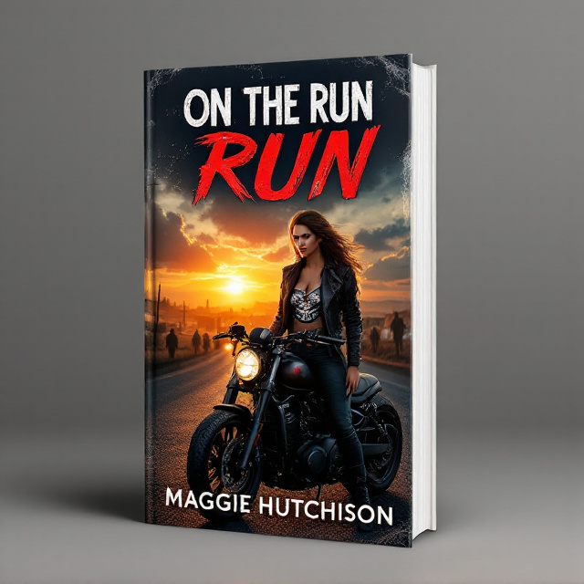 A fierce woman (Freya) standing next to a sleek motorcycle at dusk. She’s wearing a leather jacket with a motorcycle club emblem (Iron Serpents), looking confident yet wary, ready for action. The background shows the sun setting behind a small town, with dark clouds hinting at an impending storm. Shadows of other bikers and their motorcycles are in the distance, representing the club, and there is a subtle sense of danger with an ominous figure lurking in the background.