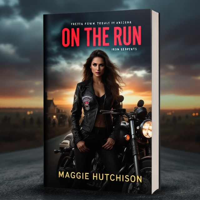 The cover features a fierce woman (Freya) standing next to a sleek motorcycle at dusk. She is wearing a leather jacket with a motorcycle club emblem (Iron Serpents), exuding confidence and wariness. The background shows the sun setting behind a small town, with dark clouds hinting at an impending storm. In the distance, there are shadowy figures of other bikers and their motorcycles, representing the club and adding a sense of danger and intrigue.
