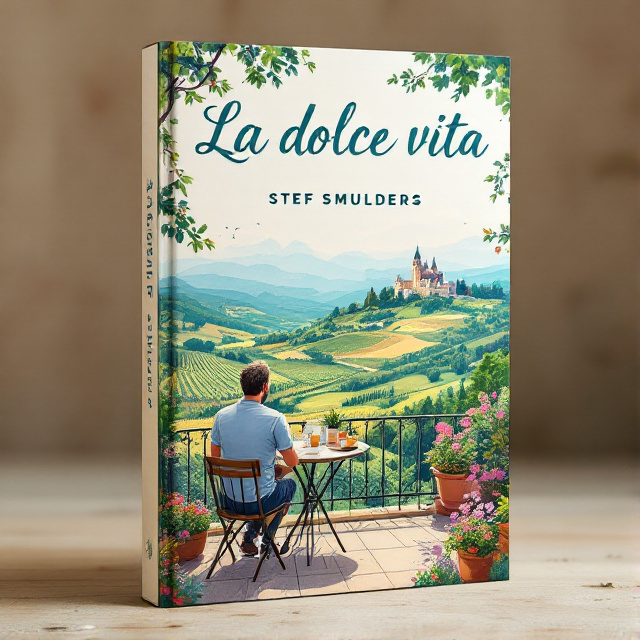 The cover features a stylized drawing of a man sitting at a table on a terrace overlooking a beautiful valley with vineyards and hills. In the distance, there is a castle, adding a touch of intrigue to the scene.