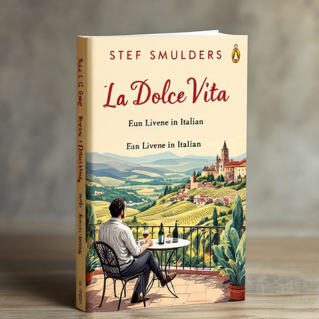 The cover features a stylized drawing of a man sitting at a table on a terrace, with a bottle and glass of wine. The man is overlooking a valley with vineyards, hills, and villages, with a castle in the distance.