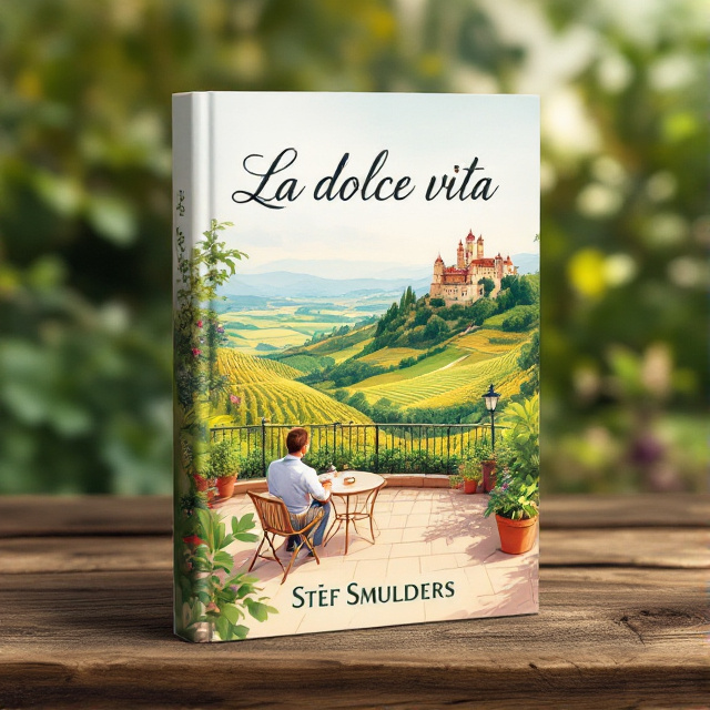 The cover features a stylized drawing of a man sitting at a table on a terrace overlooking a lush valley with vineyards and rolling hills. There is a castle perched on one of the hills in the background.