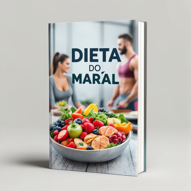 The cover features a close-up image of a healthy plate of food, showcasing colorful fruits, vegetables, and lean proteins. In the background, there is a faded image of a woman and a man, both athletically built, performing workout exercises. The overall style is clean and modern.