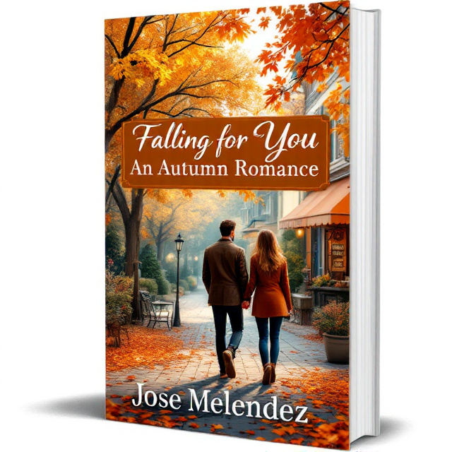 The cover features a cozy suburban street during autumn, with colorful falling leaves and a warm, inviting coffee shop in the background. In the foreground, a couple is seen holding hands and walking together, symbolizing the central romance theme of the book.
