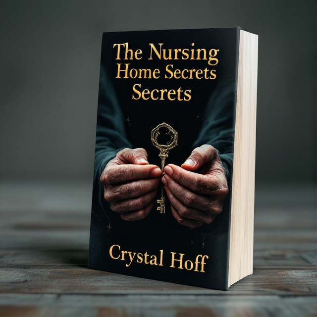 A dark background with a close-up illustration of an elderly person's hands clutching a mysterious key, with subtle hints of a nursing home setting in the background. The title "The Nursing Home Secrets" is written in bold gold letters at the top, while the author's name, Crystal Hoff, is displayed in a smaller font at the bottom.