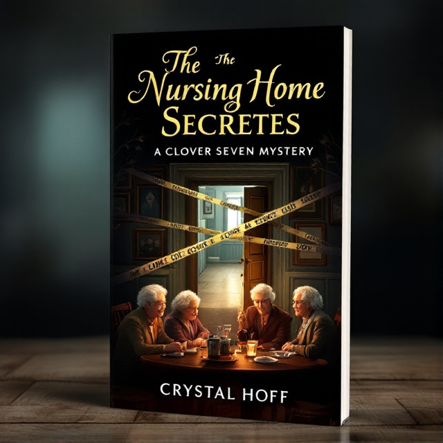 The cover features an illustration of a secret room at the nursing home, with police tape across the door. The room is dimly lit, creating a mysterious atmosphere. In the foreground, there are elderly characters from the book, representing the Clover Seven, gathered around a table, looking determined. The overall color scheme is black and gold, giving a sense of sophistication and intrigue.