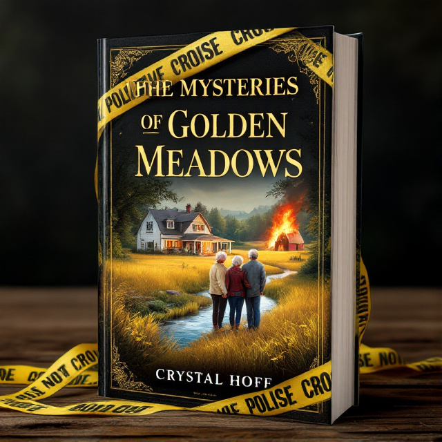 The cover features an illustration of a nursing home surrounded by golden meadows, with a creek flowing nearby. In the foreground, there are three elderly individuals standing together, representing newfound friendship. A barn on fire adds a sense of mystery and intrigue to the scene. Police tape crisscrosses the cover, symbolizing the mysteries that the characters will solve.
