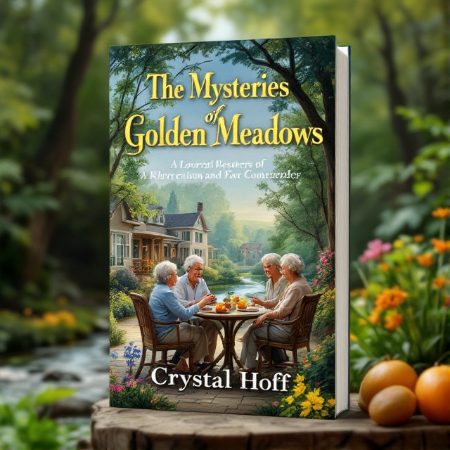 The cover features an illustration of the Golden Meadows retirement home, surrounded by a serene creek and lush greenery. The main focus is on a group of elderly friends gathered around a table, engaged in conversation and laughter.