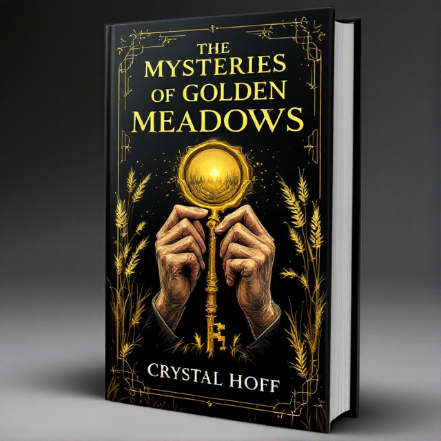 The cover features an illustration of two elderly hands holding a golden key, symbolizing the mysteries they are about to unlock. The hands are surrounded by a black background with golden meadows subtly illustrated in the distance.