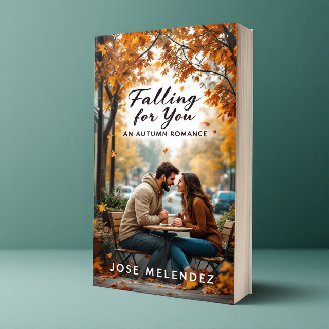 The cover features a cozy coffee shop scene set in the suburbs during autumn. The main focus is on a couple sitting at a table, holding hands and smiling, surrounded by falling leaves and the warm colors of the season.