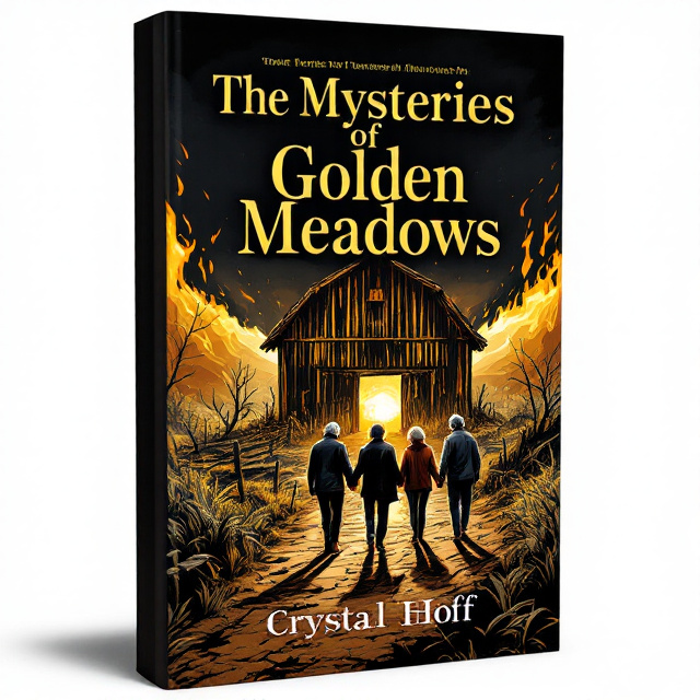 The cover features an illustration of a burned barn with the sun peeking through the charred wood. In the foreground, there are four elderly individuals walking hand in hand, symbolizing friendship and camaraderie. The illustration is done in a realistic style with black and gold tones, creating a mysterious and intriguing atmosphere.