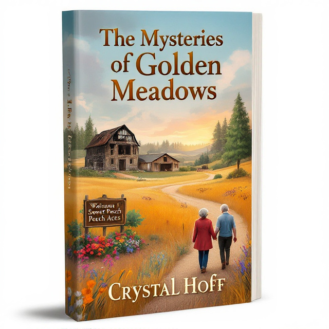 The cover features an illustration of a golden meadow with a half-burnt barn in the background. In the forefront, there is a welcome sign to Sweet Peach Acres, surrounded by colorful flowers. Two elderly friends are walking hand in hand towards the sign, symbolizing the friendship and camaraderie in the story.