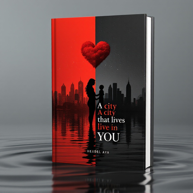 The cover features a split image of a city skyline, with one half in vibrant red and the other half in deep black. The skyline is reflected in rippling water, symbolizing the emotional turmoil experienced by the protagonist. In the center, there is a silhouette of a woman holding a child, representing the main character's journey as a single mother. Above the skyline, there is a heart-shaped cloud, representing love. The overall style is contemporary and emotive.