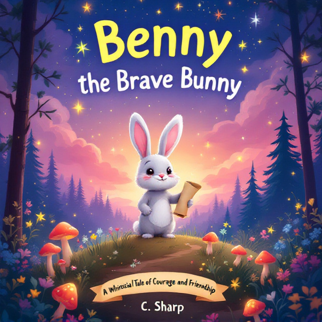 The cover features Benny, a small adventurous bunny, standing on a hilltop surrounded by a magical landscape of vibrant wildflowers, twinkling fireflies, and softly glowing mushrooms. The sky is a dreamy twilight with shades of pink, purple, and orange, dotted with twinkling stars and whimsical, swirling clouds. Benny holds a rolled-up treasure map, exuding excitement for his next adventure. In the background, a cozy, enchanted forest with tall trees and glowing paths invites readers into the story.