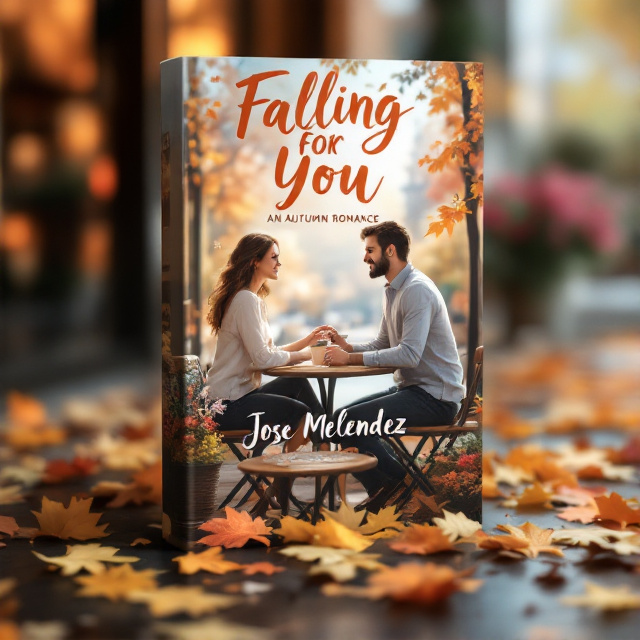 The cover features a cozy coffee shop scene in the suburbs during autumn. A couple is seen sitting at a table, holding hands and smiling at each other. The background is filled with colorful autumn leaves, creating a warm and romantic atmosphere.