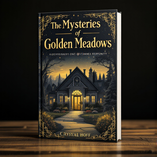 An illustration of the Golden Meadows retirement community, with a vibrant black and gold color scheme. In the forefront, there is a peculiar locked door, adding an element of mystery to the cover.