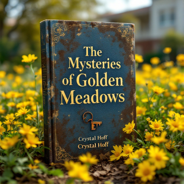 A rusted key sitting on a bed of golden meadow flowers in a garden, with a nursing home building in the background.