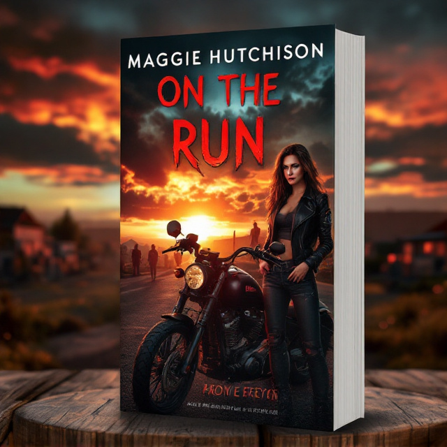 A fierce woman (Freya) is standing next to a sleek motorcycle at dusk. She’s wearing a leather jacket with a motorcycle club emblem (Iron Serpents), looking confident yet wary, ready for action. The background shows the sun setting behind a small town, with dark clouds hinting at an impending storm. Shadows of other bikers and their motorcycles can be seen in the distance, representing the club, and there is an ominous figure lurking in the background.