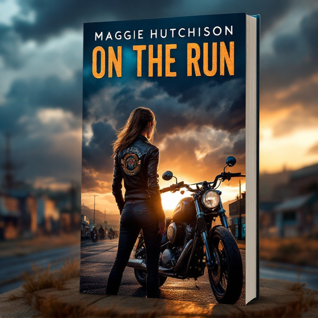The cover features a fierce woman (Freya) standing next to a sleek motorcycle at dusk. She is shown from the back, wearing a leather jacket with the Iron Serpents motorcycle club emblem. The background shows a small town with the sun setting behind it, while dark clouds hint at an impending storm. In the distance, shadowy figures of other bikers and their motorcycles can be seen.
