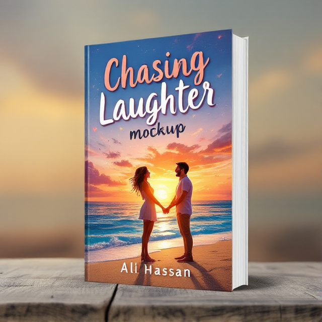 A playful and vibrant illustration of a couple holding hands and laughing against a backdrop of a sunset beach.