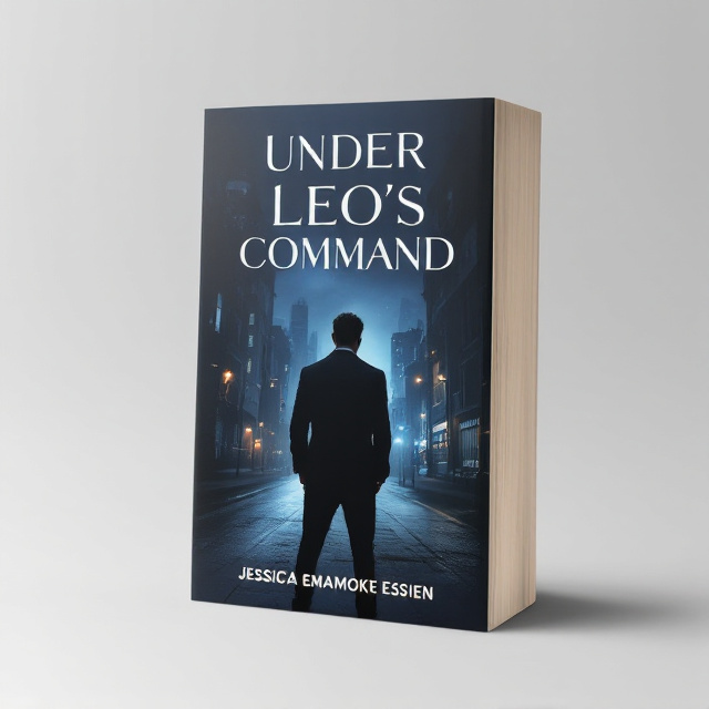 The cover features a dark and mysterious background with a silhouette of a man standing with his back to the viewer. He is surrounded by a dimly lit cityscape, symbolizing the dangerous and crime-ridden world he inhabits. The title, "Under Leo's Command," is prominently displayed in bold letters at the top of the cover, while the author's name, Jessica Emamoke Essien, is written in a more elegant font at the bottom.