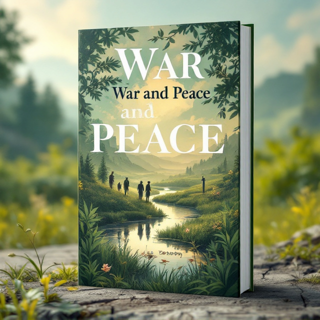 The cover features a lush meadow with a peaceful river flowing through it, representing the tranquil setting of the story. Silhouettes of characters are positioned walking along the riverbank, symbolizing their journey through love and loss, hope and despair. The backdrop is adorned with an olive branch, symbolizing peace, and a sword, representing the conflicts and battles in the book. Napoleon's hat is placed on one side, signifying the historical context and the impact of war. The Russian military flag is subtly incorporated to highlight the setting of the story.