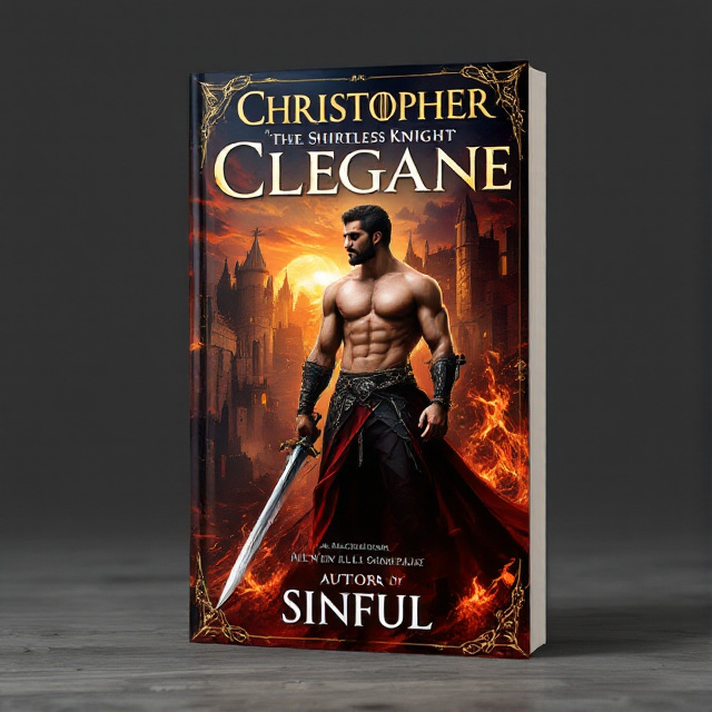 The cover features a bold and striking illustration of Christopher 'The Shirtless Knight' Clegane, standing tall and strong with a sword in hand, against a backdrop of a medieval castle and fiery skies. The image is rendered in a detailed and realistic style, capturing the essence of the fantasy genre.