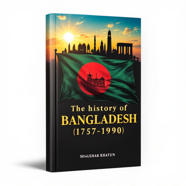 The cover features a dramatic and powerful image of the Bangladesh flag flying high against a backdrop of a sunrise. The flag is depicted with vibrant colors, symbolizing the strength and resilience of the nation. Above the flag, a silhouette of iconic historical landmarks from different periods in Bangladesh's history, such as the Lalbagh Fort and the Shaheed Minar, are overlaid to represent the time span covered in the book.