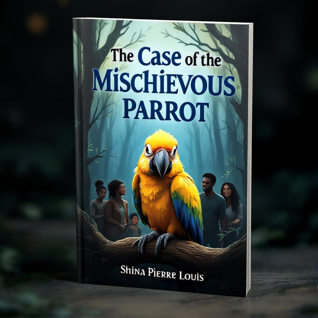 The cover features a mischievous parrot sitting on a branch, surrounded by a dark and mysterious forest. The parrot is shown with a sly smile on its face, hinting at its mischievous nature. Behind the parrot, a black family consisting of a mother, father, daughter, and son are shown, their expressions ranging from scared to furious to happy, representing the emotional journey of the story.