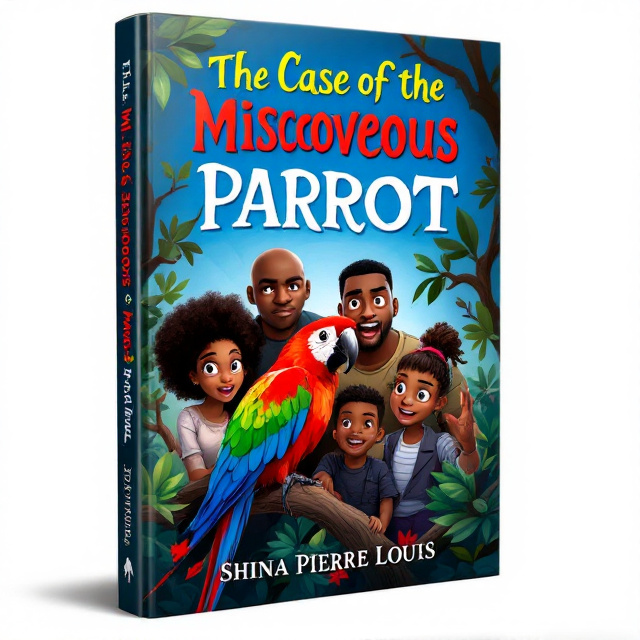 The cover features a black family consisting of a short black mom, bald black dad, black son, and black daughter. They are shown surrounding a vibrant and colorful parrot, with shades of red, green, and blue feathers. The family members have different facial expressions - the mom looks scared, the dad looks furious, the son looks happy, and the daughter looks surprised. The parrot is perched on a tree branch, looking mischievous and mischievous. The background is a gradient of blue, representing the mystery genre.