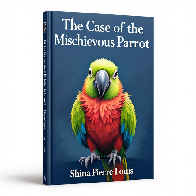 The cover features a large, vibrant illustration of a mischievous parrot in the center, surrounded by a dark blue background. In the top left corner, there is an illustration of a short black mom, black bald dad, black daughter, and black son, representing the family involved in the case. The parrot's feathers are in shades of green, red, and blue, capturing its mischievous nature and adding visual interest.