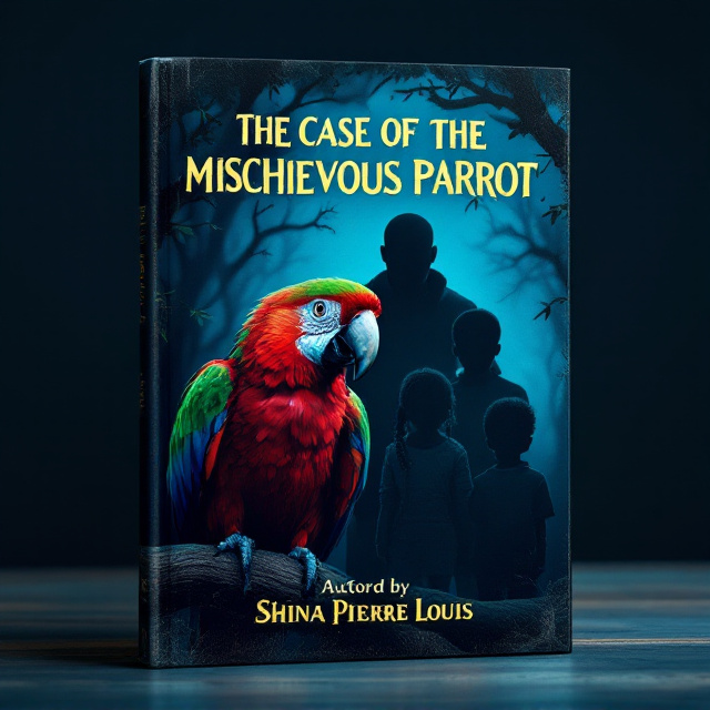 The cover features a close-up image of a red, green, and blue parrot perched on a tree branch. Behind the parrot, there is a shadowy silhouette of a short black mom, bald black dad, black daughter, and black son, hinting at the mystery elements of the story. The background is a gradient of dark blue to light blue, creating a sense of intrigue and suspense.