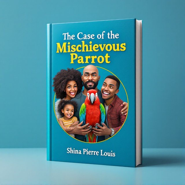 The cover features a scared black mom, a furious bald black dad, a happy black daughter, and a mischievous red, green, and blue parrot. The family and parrot are placed in a circular formation, with the parrot in the center and the family members surrounding it.