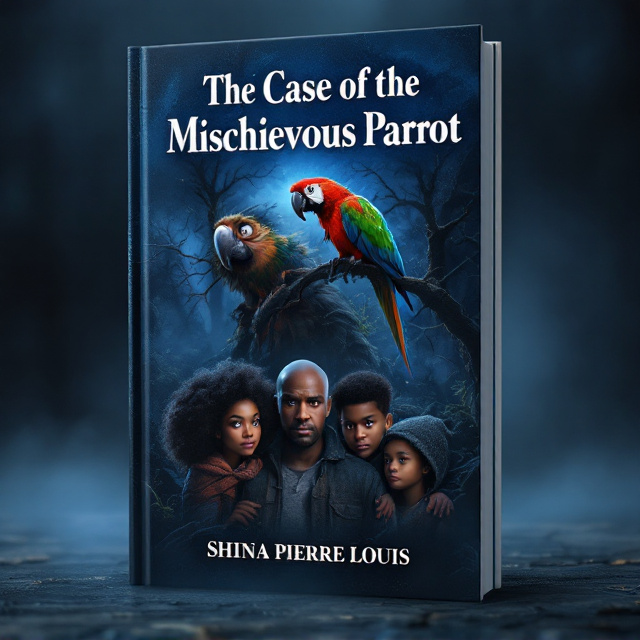 The cover features a dark blue background with a mysterious fog creeping in from the sides. In the foreground, there is a short black mom, a bald black dad, and their two children, an 11-year-old black daughter and a 10-year-old black son. They all have worried expressions on their faces, while a mischievous red, green, and blue parrot perches on a branch above them, eyeing them with a sly look.