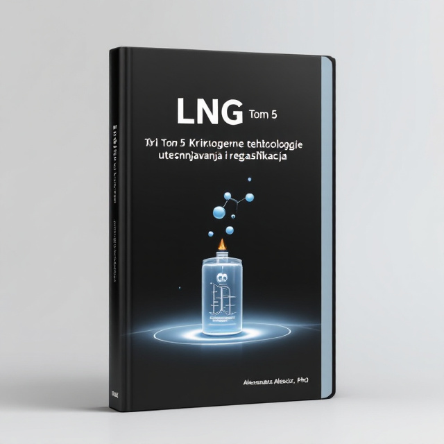 The cover features a minimalistic design with a black background. At the center, there is a Claude thermo dynamic diagram showcasing the process of liquefaction. Surrounding the diagram, there is a faint image of a Dewar container, representing the storage of liquefied natural gas. Floating above the diagram, there is a stylized methane molecule, highlighting the focus on the subject matter.