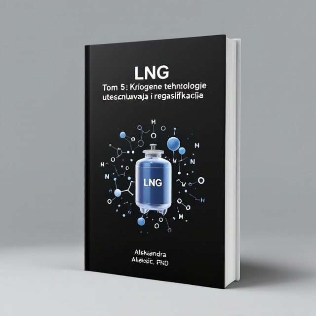 The cover features a minimalist design with a black background. In the center, there is a depiction of a Dewar container, symbolizing the liquefaction and regasification of LNG. Surrounding the Dewar container, there is a representation of a methane molecule, emphasizing the science and technology aspect of the book.