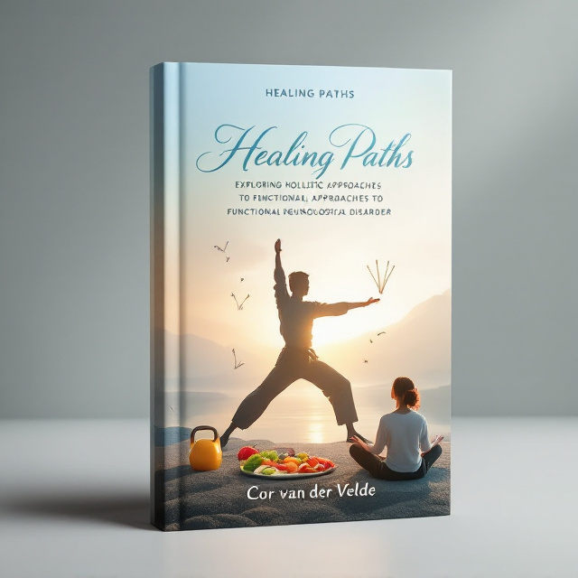The cover features a tranquil background of soft, pastel colors, depicting a serene natural landscape. In the center, a silhouette of a person in a taekwondo pose is shown, representing physical well-being and strength. Surrounding the silhouette are images of a kettlebell, symbolizing exercise and fitness, and a plate of healthy fruits and vegetables, representing nutrition. In the corner, a person is shown sitting in meditation, emphasizing the importance of mindfulness and inner peace. Floating above the images is a representation of acupuncture needles, highlighting holistic approaches to healing.