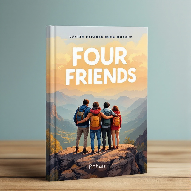 The cover features a group of four friends standing on a cliff, overlooking a vast and breathtaking landscape. The friends are positioned in a way that emphasizes their bond, with their arms around each other's shoulders. The colors used are warm and vibrant, representing the optimism and adventure of their journey.