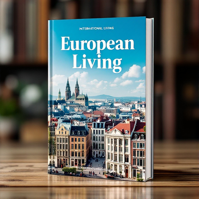 The cover features a panoramic photograph of a picturesque European cityscape, showcasing iconic landmarks and charming streets. The image is overlaid with a translucent map of Europe, highlighting key destinations. The title "European Living" is placed at the top, in bold white letters, with a subtle shadow effect to create depth. The author name "International Living" is positioned at the bottom in a smaller font size, complementing the overall design.