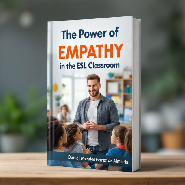 The cover features an English teacher standing in front of a small group of diverse students in an ESL classroom. The teacher has a warm and empathetic expression, while the students appear engaged and eager to learn. The background shows a tranquil classroom setting with colorful educational materials.