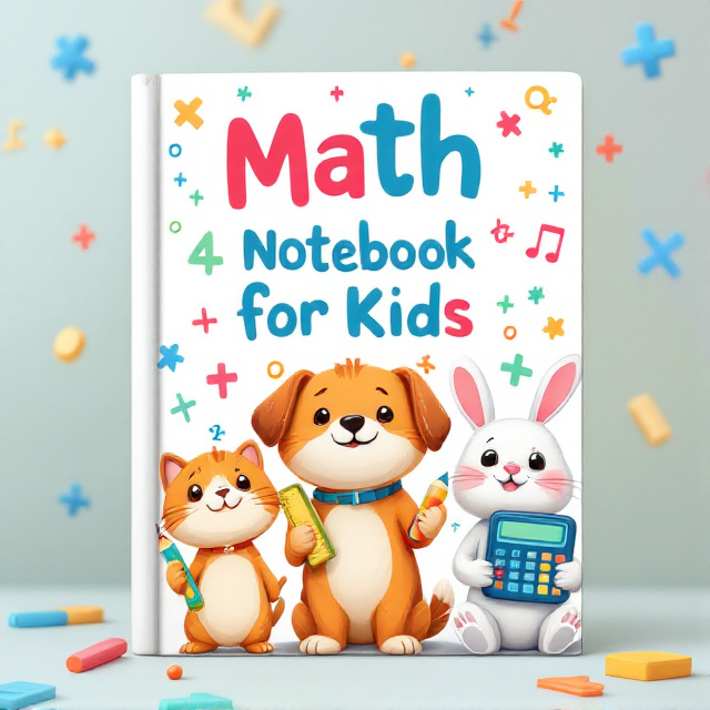 The title 'Math Notebook for Kids' is displayed at the top of the cover in bold, playful fonts. Surrounding the title, cute cartoon animals like smiling cats, dogs, and rabbits hold pencils, rulers, and calculators. The background features vibrant pastel colors with math symbols like plus signs, numbers, and geometric shapes floating around.