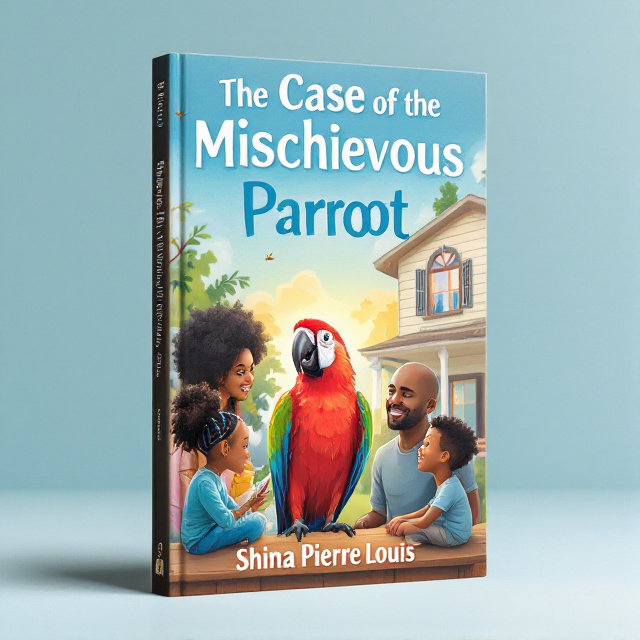 The cover features a vibrant and eye-catching illustration of a red, green, and blue parrot in the center, surrounded by a black bald dad, a black afro mom, a braid black teen girl, and a black son. They are all looking at the mischievous parrot inside a house.