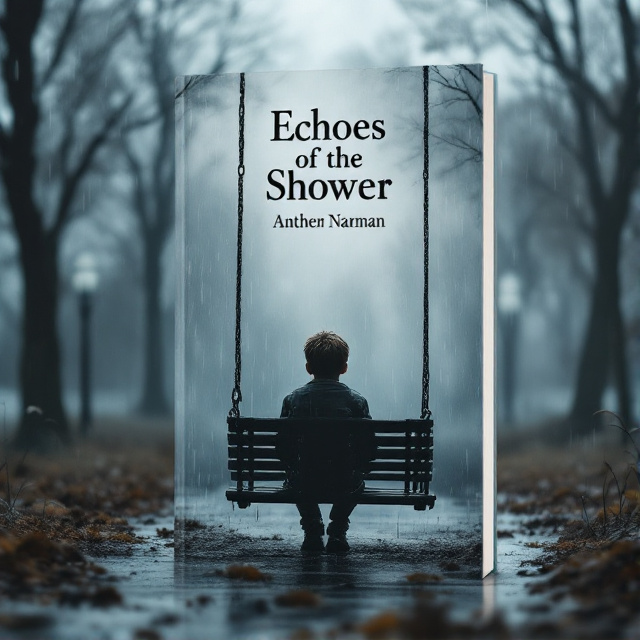 The cover depicts a young boy sitting alone on a swing in a desolate park, with rain pouring down. The colors are muted and somber, with shades of gray and blue dominating the scene. The boy's posture and expression convey a sense of deep sadness and isolation.