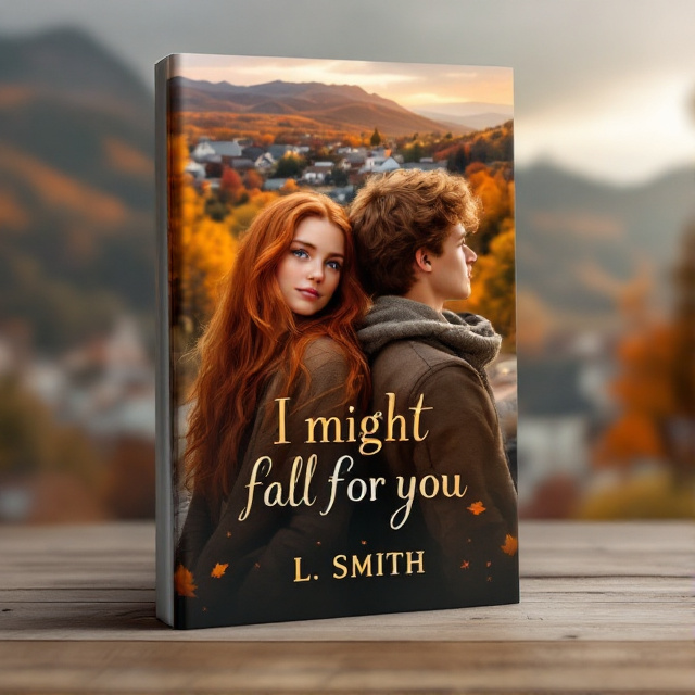 The cover features a picturesque small American town in the background, with vibrant autumn colors. In the bottom middle of the image, there are two teenagers facing away from each other, symbolizing their initial shyness. The girl has long ginger hair and brown eyes, while the boy has fluffy brown hair and blue eyes. They are both seventeen years old and positioned back to back.