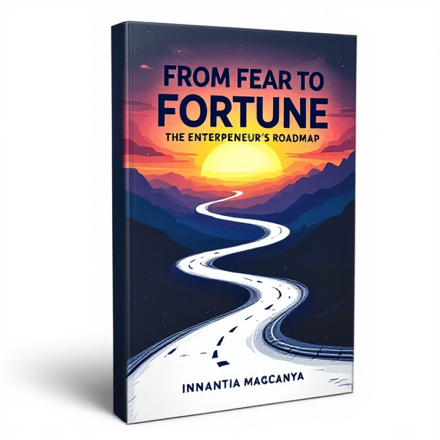 The cover features a striking sunrise background that transitions from dark to light, symbolizing the journey from fear to fortune. A winding road starts in shadow and leads towards the bright horizon, representing the path an entrepreneur takes. Silhouettes of common obstacles on the road, like hurdles or rocks, are subtly illustrated to emphasize the challenges faced by entrepreneurs.