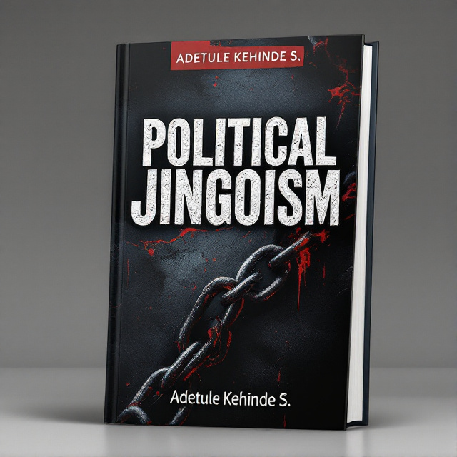 The cover features a close-up image of a broken chain, symbolizing the pains and agony associated with political jingoism. The chain is shown against a dark, distressed background, adding to the somber mood of the design.