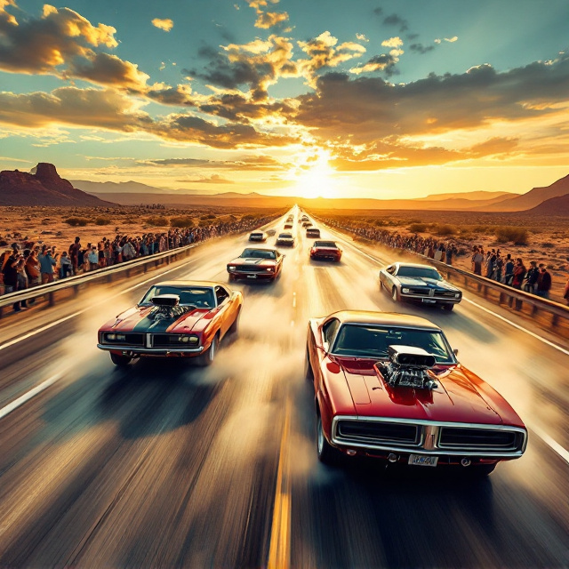 An epic highway race featuring classic American muscle cars from the 1960s and 1970s, like Dodge Chargers, Plymouth Road Runners, and Chevrolet Chevelles, racing side by side under a vibrant sky. The view is from slightly above and behind a group of spectators on a wooden platform, cheering and taking photos of the cars as they speed towards the horizon. The cars have powerful engines with superchargers, some customized with aggressive hood scoops. The atmosphere is filled with excitement and nostalgia, with a long, open road stretching into the distance, surrounded by a desert-like landscape. The overall scene gives a dynamic and thrilling impression, capturing the intensity of the race.