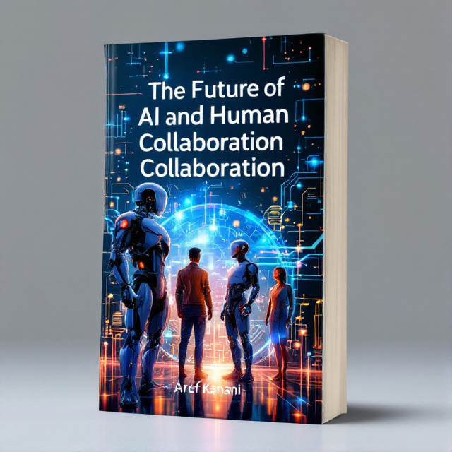 The cover features a futuristic background with neural networks subtly integrated into the design. On the foreground, there are humanoid robots and humans standing side by side, symbolizing partnership and coexistence. The color palette consists of silver, blue, and white with accents of orange or gold to represent the human element.